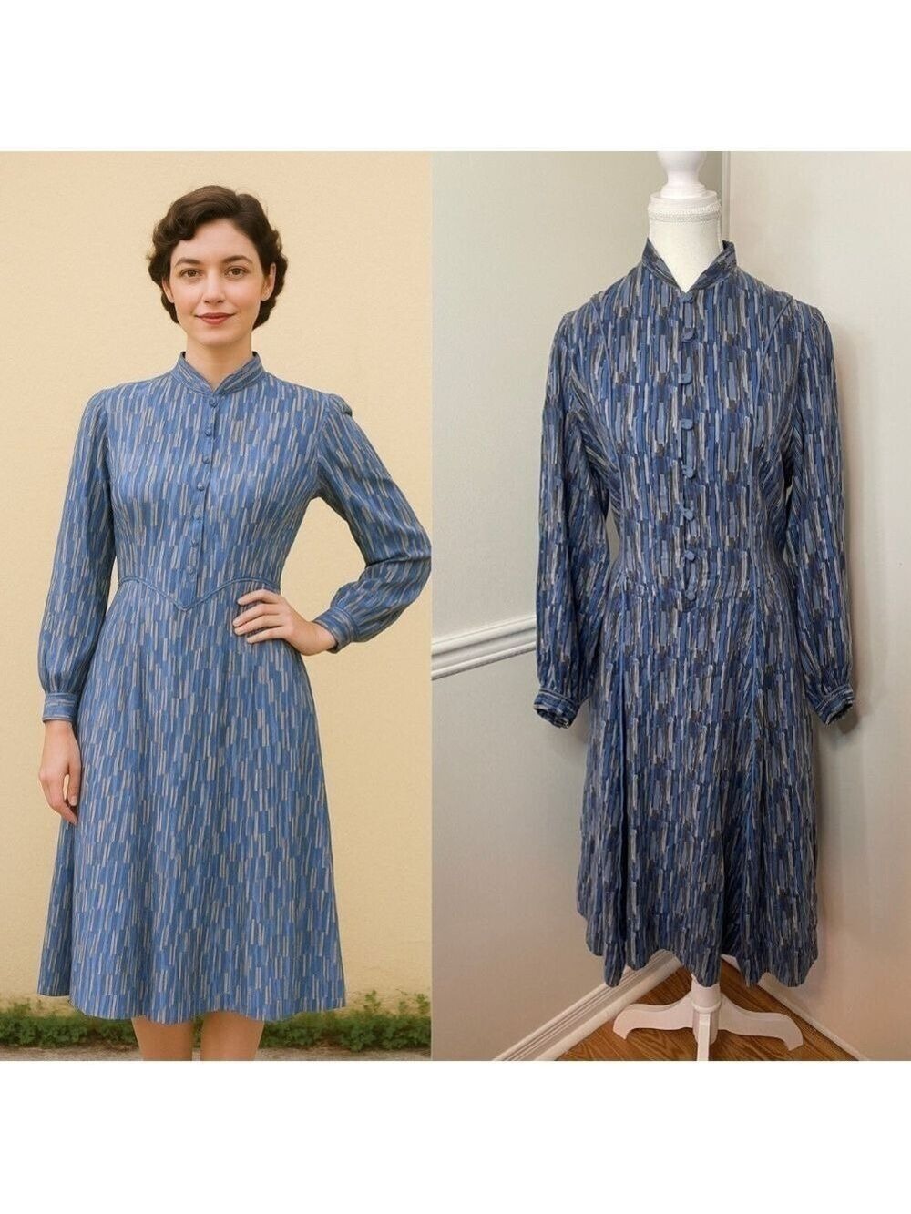 Vintage Geo Print Mandarin- Style Collar Dress M